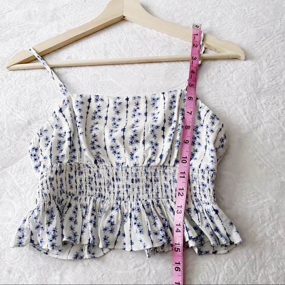 Blue + White Floral Print Smocked Waist Cropped Camisole - Picture 4 of 9